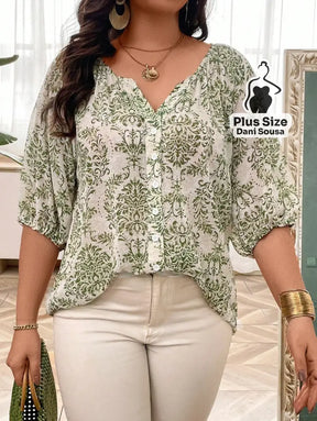 Blusa Estampada Com Botões e Manga Bufante Plus Size Verde / G Blusa Estampada Com Botões e Manga Bufante Plus Size