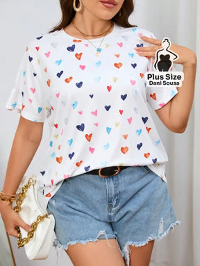 Blusa Estampada Com Corações Coloridos Plus Size Blusa Estampada Com Corações Coloridos Plus Size