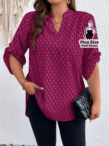 Blusa Estampada Com Manga 3/4 e Gola V Plus Size Rosa / G Blusa Estampada Com Manga 3/4 e Gola V Plus Size