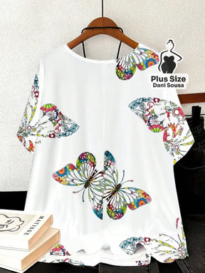 Blusa Estampada de Borboleta Com Caimento Solto Plus Size Blusa Estampada de Borboleta Com Caimento Solto Plus Size