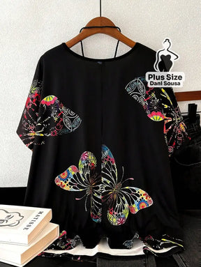 Blusa Estampada de Borboleta Com Caimento Solto Plus Size Blusa Estampada de Borboleta Com Caimento Solto Plus Size