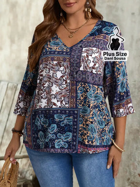 Blusa Estampada De Manga Longa Com Bolsos Plus Size Blusa Estampada De Manga Longa Com Bolsos Plus Size