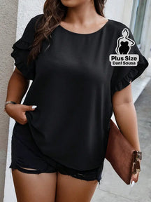 Blusa Feminina Com Babados Nas Mangas Plus Size Preto / G Blusa Com Estampa Geométrica e Decote V Plus Size
