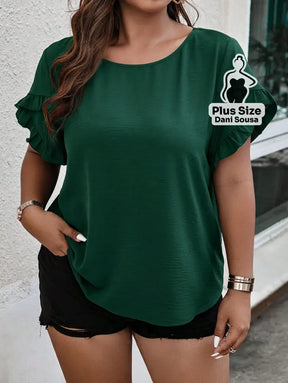 Blusa Feminina Com Babados Nas Mangas Plus Size Verde Militar / G Blusa Com Estampa Geométrica e Decote V Plus Size