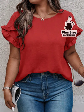 Blusa Feminina Com Babados Nas Mangas Plus Size Vermelho / G Blusa Com Estampa Geométrica e Decote V Plus Size