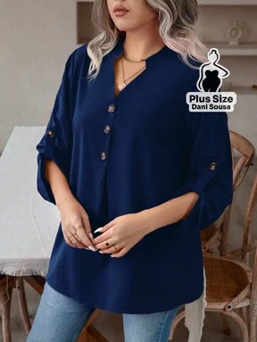 Blusa Feminina Com Botões e Manga 3/4 Casual Elegante Plus Size Blusa Feminina Com Botões e Manga 3/4 Casual Elegante