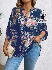 Blusa Floral Com Design Elegante Plus Size Azul / G Blusa Estampada Boho Com Botões Decorativos Plus Size
