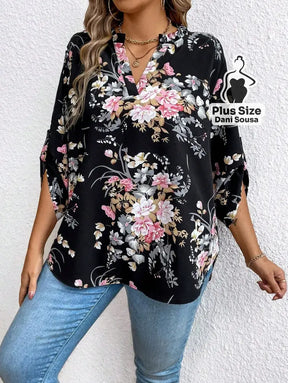 Blusa Floral Com Design Elegante Plus Size Blusa Estampada Boho Com Botões Decorativos Plus Size