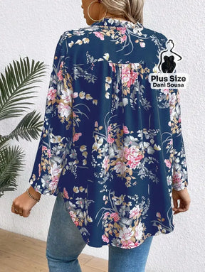 Blusa Floral Com Design Elegante Plus Size Blusa Estampada Boho Com Botões Decorativos Plus Size