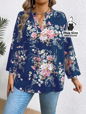Blusa Floral Com Design Elegante Plus Size Blusa Estampada Boho Com Botões Decorativos Plus Size
