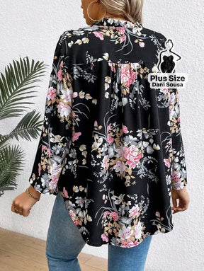Blusa Floral Com Design Elegante Plus Size Blusa Estampada Boho Com Botões Decorativos Plus Size