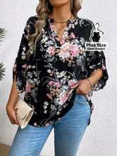 Blusa Floral Com Design Elegante Plus Size Preto / G Blusa Estampada Boho Com Botões Decorativos Plus Size
