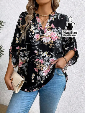 Blusa Floral Com Design Elegante Plus Size Preto / G Blusa Estampada Boho Com Botões Decorativos Plus Size