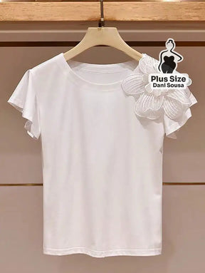 Blusa Manga Borboleta com Aplique Floral Plus Size Branco / G Blusa Manga Borboleta com Aplique Floral Plus Size