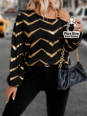 Blusa Ombro Caído Com Estampa Chevron Plus Size Conjunto Cropped e Shorts Estampado com Detalhes de Renda Plus Size