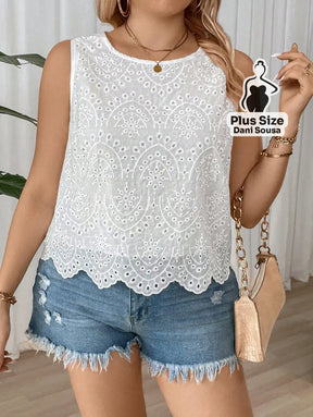 Blusa Regata De Renda Com Bordado Plus Size Conjunto Cropped e Shorts Estampado com Detalhes de Renda Plus Size