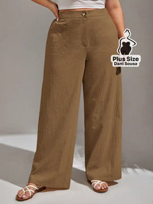 Calça Pantalona de Linho Com Fechamento Frontal Plus Size Castanho / G Calça Pantalona de Linho Com Fechamento Frontal