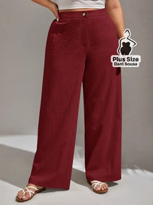 Calça Pantalona de Linho Com Fechamento Frontal Plus Size Vermelho / G Calça Pantalona de Linho Com Fechamento Frontal