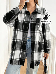 Camisa Oversized Xadrez Com Bolsos Plus Size Branco / G Camisa Oversized Xadrez Com Bolsos Plus Size
