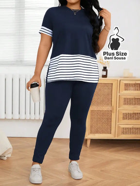 Conjunto Casual Com Detalhe de Listras Plus Size Azul Marinho / G Conjunto Casual Com Detalhe de Listras Plus Size