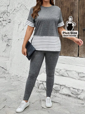 Conjunto Casual Com Detalhe de Listras Plus Size Chumbo / G Conjunto Casual Com Detalhe de Listras Plus Size