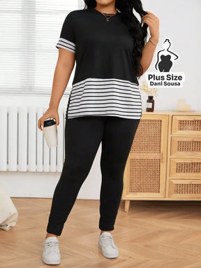 Conjunto Casual Com Detalhe de Listras Plus Size Preto / G Conjunto Casual Com Detalhe de Listras Plus Size