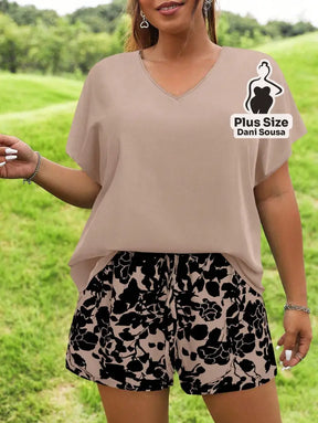 Conjunto Casual De Blusa Solta E Short Estampado Plus Size Caqui / G Conjunto Casual De Blusa Solta E Short Estampado