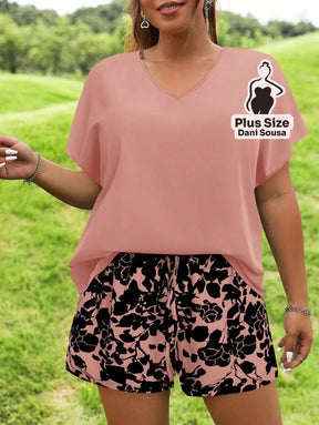 Conjunto Casual De Blusa Solta E Short Estampado Plus Size Rosa Chiclete / G Conjunto Casual De Blusa Solta E Short