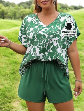 Conjunto Casual De Blusa Solta E Short Estampado Plus Size Verde / G Conjunto Casual De Blusa Solta E Short Estampado