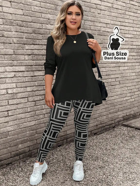 Conjunto de Blusa Longa e Legging Estampada Geométrica Plus Size Conjunto de Blusa Longa e Legging Estampada Geométrica