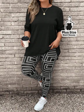 Conjunto de Blusa Longa e Legging Estampada Geométrica Plus Size Cor 1 / G Conjunto de Blusa Longa e Legging Estampada