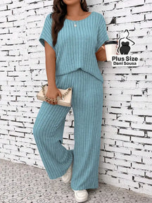 Conjunto de Loungewear Canelado Com Calça e Blusa Solta Plus Size Azul / G Conjunto de Loungewear Canelado Com Calça e