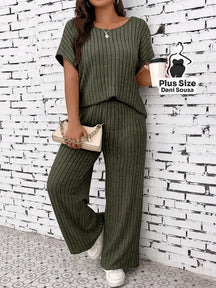 Conjunto de Loungewear Canelado Com Calça e Blusa Solta Plus Size Verde Militar / G Conjunto de Loungewear Canelado Com