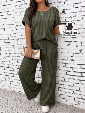 Conjunto de Loungewear Canelado Com Calça e Blusa Solta Plus Size Verde Militar / G Conjunto de Loungewear Canelado Com