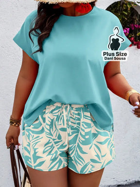 Conjunto de Verão com Shorts e Blusa de Manga Curta Plus Size Conjunto de Verão com Shorts e Blusa de Manga Curta Plus