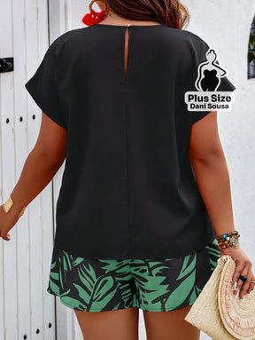 Conjunto de Verão com Shorts e Blusa de Manga Curta Plus Size Conjunto de Verão com Shorts e Blusa de Manga Curta Plus