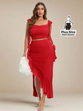 Conjunto Elegante com Detalhes de Babados e Top Cropped Plus Size Vermelho / G Conjunto Elegante com Detalhes de