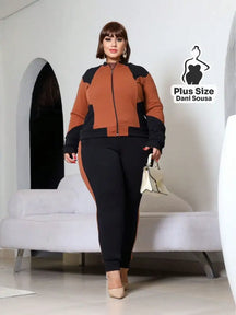 Conjunto Esportivo Com Zíper E Detalhes Modernos Plus Size Marrom / G Conjunto Esportivo Com Zíper E Detalhes Modernos