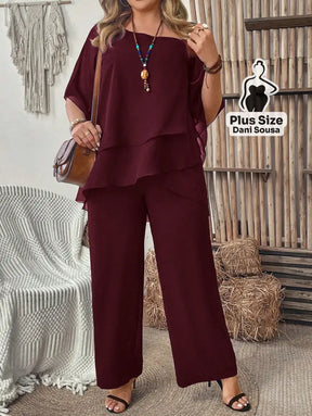 Conjunto Feminino de Blusa com Camadas e Calça Pantalona Plus Size Conjunto Feminino de Blusa com Camadas e Calça