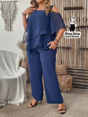 Conjunto Feminino de Blusa com Camadas e Calça Pantalona Plus Size Conjunto Feminino de Blusa com Camadas e Calça