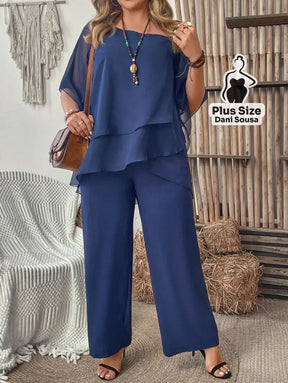 Conjunto Feminino de Blusa com Camadas e Calça Pantalona Plus Size Conjunto Feminino de Blusa com Camadas e Calça