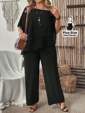 Conjunto Feminino de Blusa com Camadas e Calça Pantalona Plus Size Conjunto Feminino de Blusa com Camadas e Calça