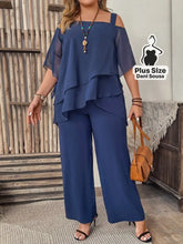 Conjunto Feminino de Blusa com Camadas e Calça Pantalona Plus Size Azul Marinho / G Conjunto Feminino de Blusa com