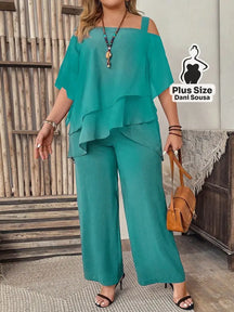 Conjunto Feminino de Blusa com Camadas e Calça Pantalona Plus Size Azul Petróleo / G Conjunto Feminino de Blusa com