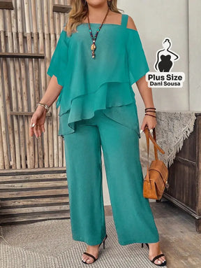 Conjunto Feminino de Blusa com Camadas e Calça Pantalona Plus Size Azul Petróleo / G Conjunto Feminino de Blusa com