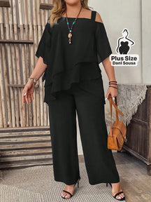 Conjunto Feminino de Blusa com Camadas e Calça Pantalona Plus Size Preto / G Conjunto Feminino de Blusa com Camadas e
