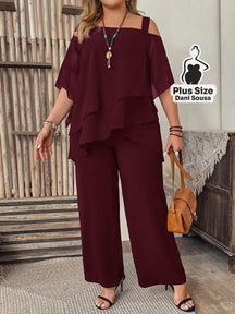 Conjunto Feminino de Blusa com Camadas e Calça Pantalona Plus Size Vinho / G Conjunto Feminino de Blusa com Camadas e