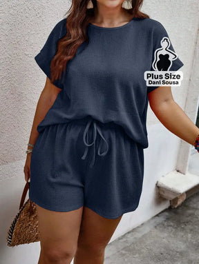 Conjunto Feminino de Verão com Blusa e Shorts Soltos Plus Size Azul Marinho / G Conjunto Feminino de Verão com Blusa e