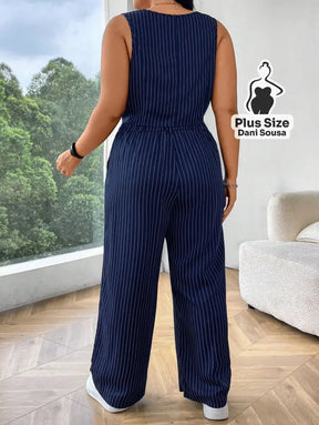 Conjunto Feminino Listrado com Colete e Calça Pantalona Plus Size Conjunto Feminino Listrado com Colete e Calça