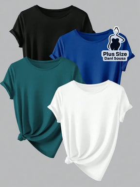 Kit de Blusas Básicas Coloridas com Manga Dobrada Plus Size Cor 4 / G Kit de Blusas Básicas Coloridas com Manga Dobrada